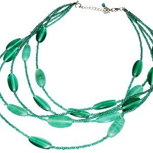Aquamarine Resin Oval 4 Sided Bead and Seed Bead, 5 Strand Necklace